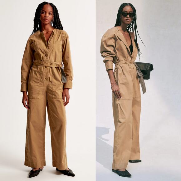 NEW Abercrombie & Fitch Nicole Benefield Jumpsuit XL Tan Minimalist Quiet Luxury - Picture 1 of 11